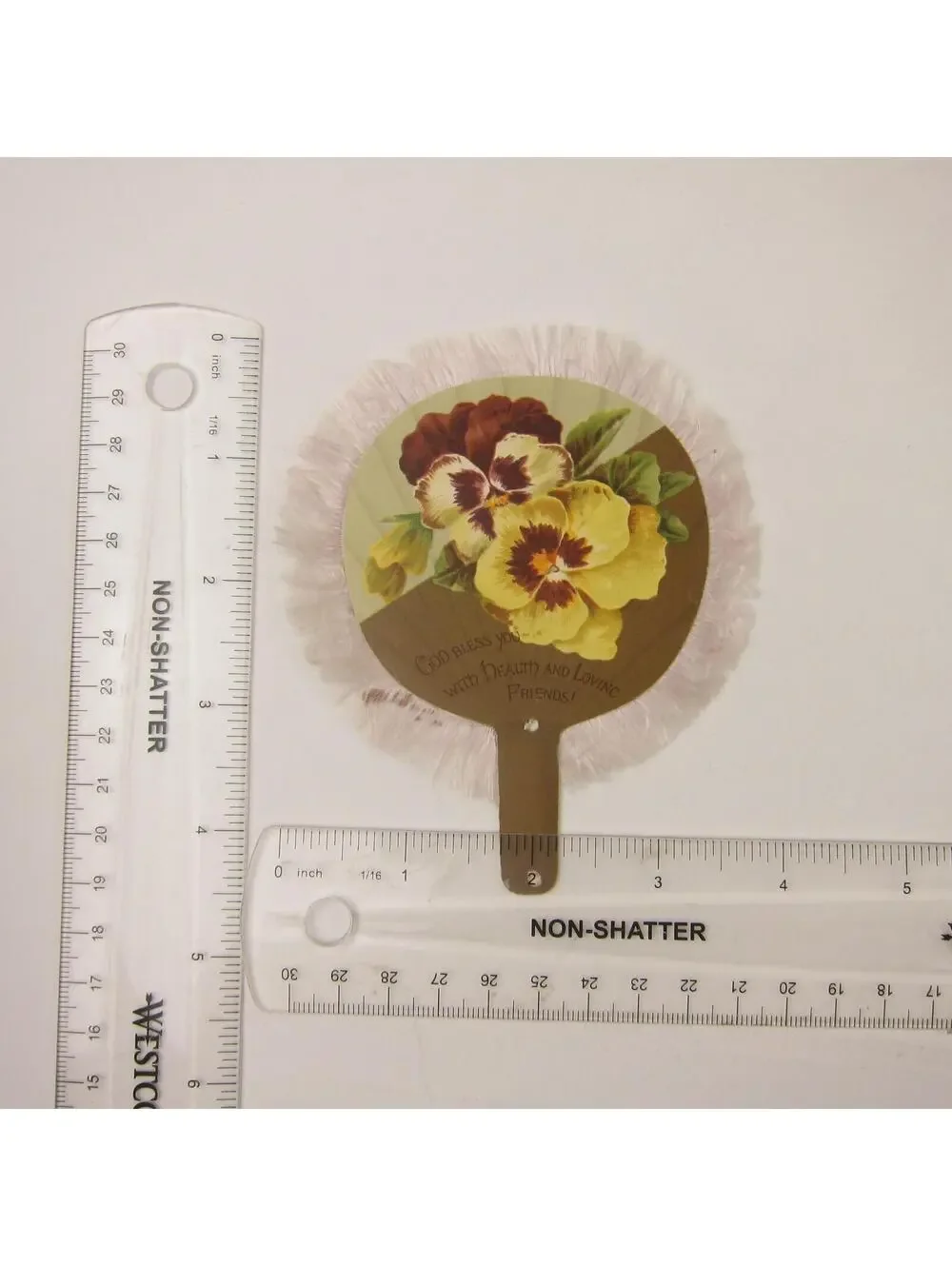 Victorian Greeting Card Hand Fan Yellow Pansy Flowers White Fringe Antique